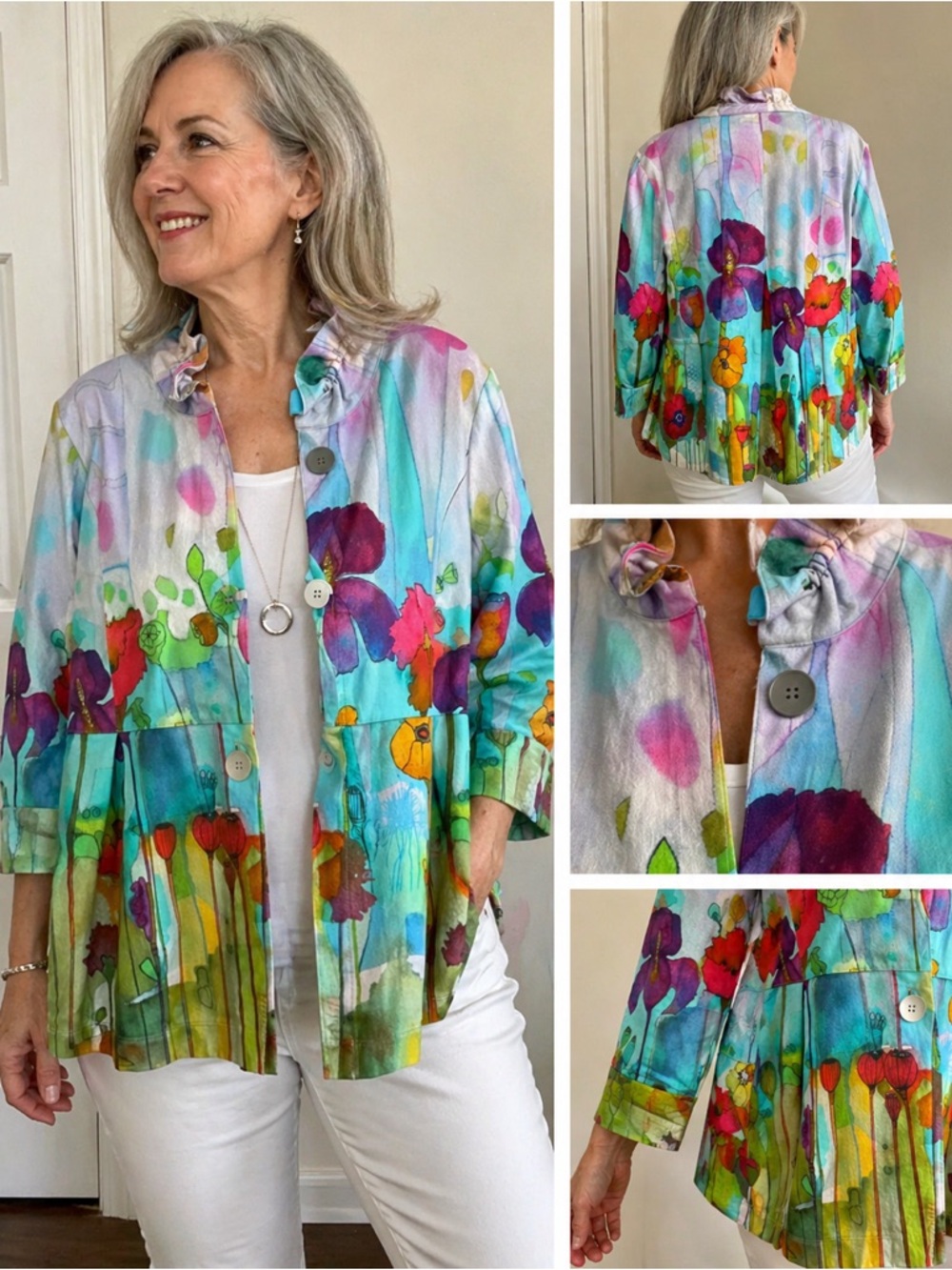 Multicolor Floral Ruffle Collar Tunic Jacket